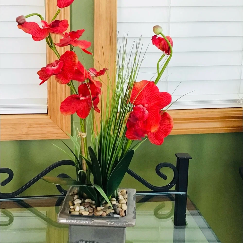 Red Artificial Orchid Arrangement in Gray Planter -